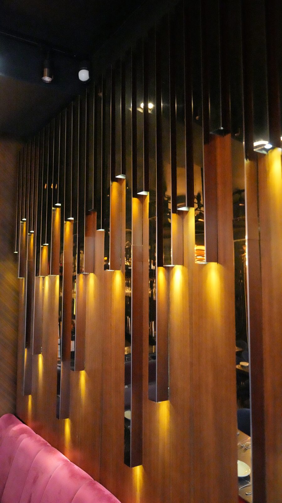 Wood-slat hanging lights detail